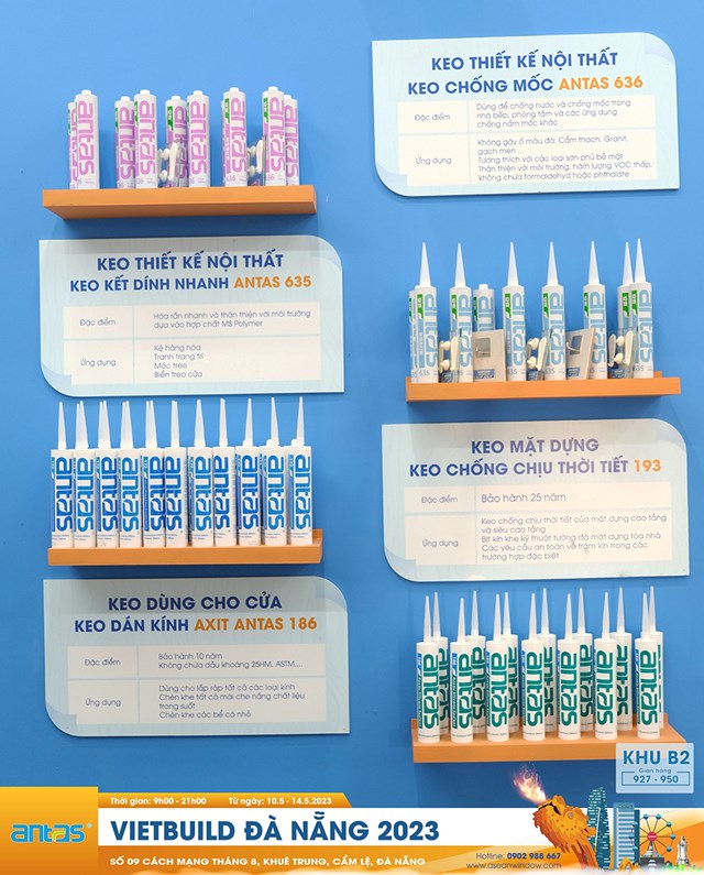 Trưng bày đa dạng mẫu sản phẩm keo silicone Antas